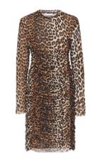 Ganni Leopard Ruched Mesh Dress