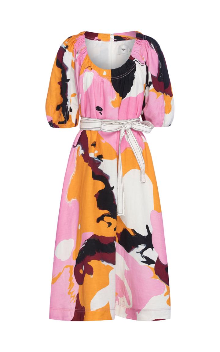 Aje Psychedelia Smocked Linen-blend Dress