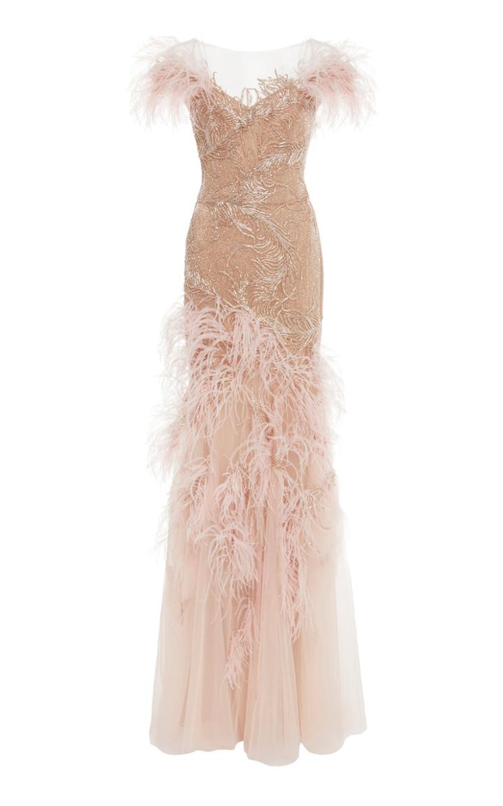 Marchesa Off The Shoulder Feather Gown