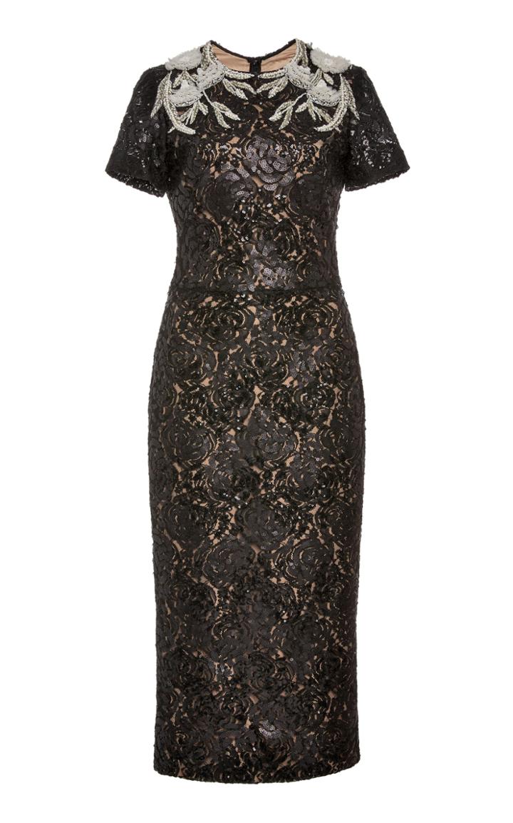 Pamella Roland Lace Dress With Floral Embroidery