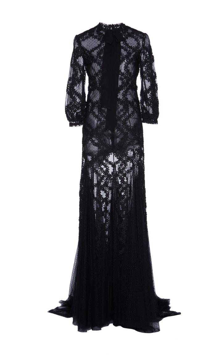 Costarellos Embroidered Dot Tulle Dress