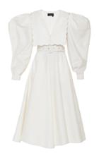 Moda Operandi Anouki Puff Sleeve Puritan Collar White Dress With Crystal Embroidery