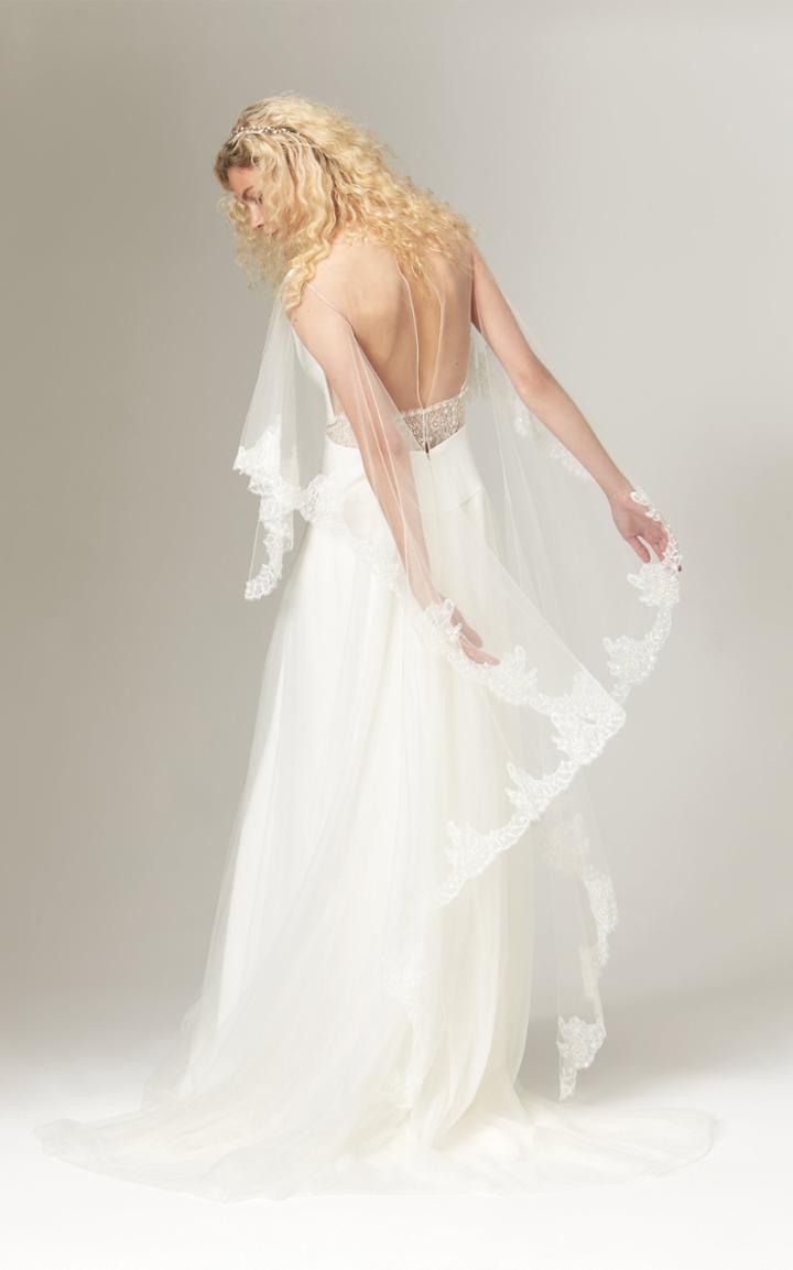 Savannah Miller Blythe Fit And Flare Crepe And Tulle Gown With Lace Trim