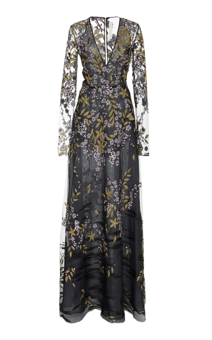 Naeem Khan Floral Embroidered Organza Long Sleeve Gown