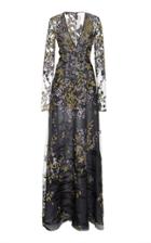 Naeem Khan Floral Embroidered Organza Long Sleeve Gown