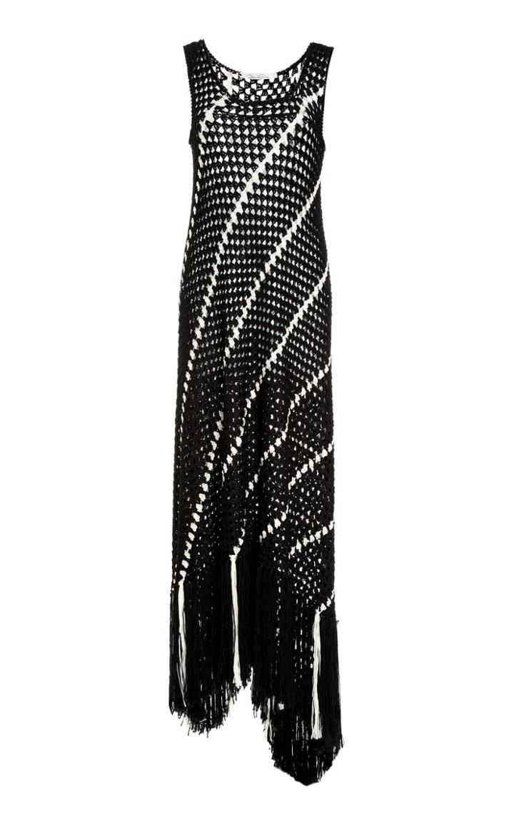 Oscar De La Renta Sleeveless Striped Knit Gown With Fringe