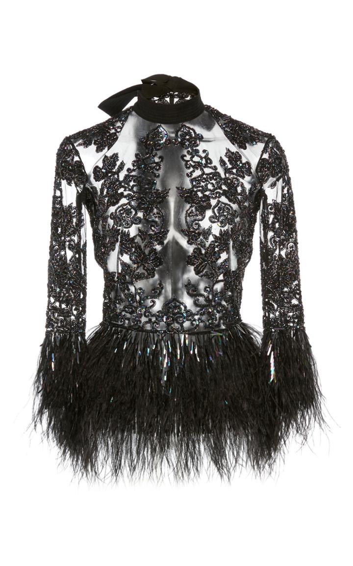 Zuhair Murad Ostrich Feather And Bead Embroidered Tulle Top