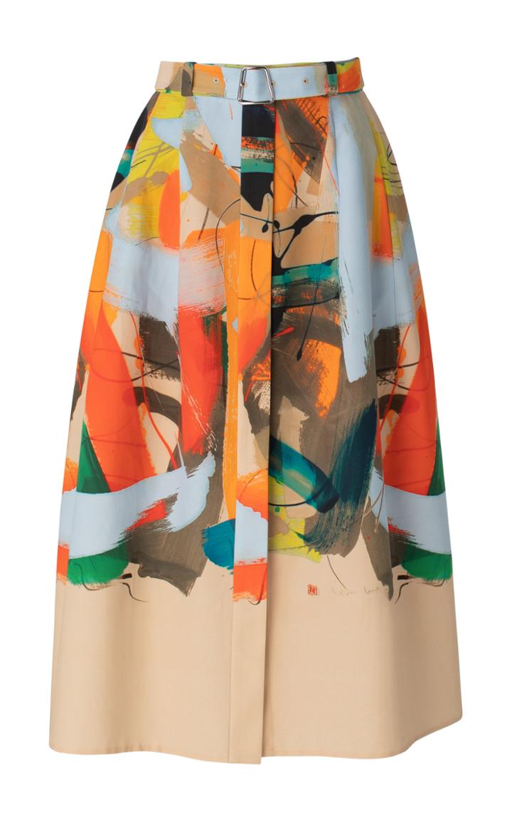 Moda Operandi Akris Belted Printed Cotton A-line Midi Skirt