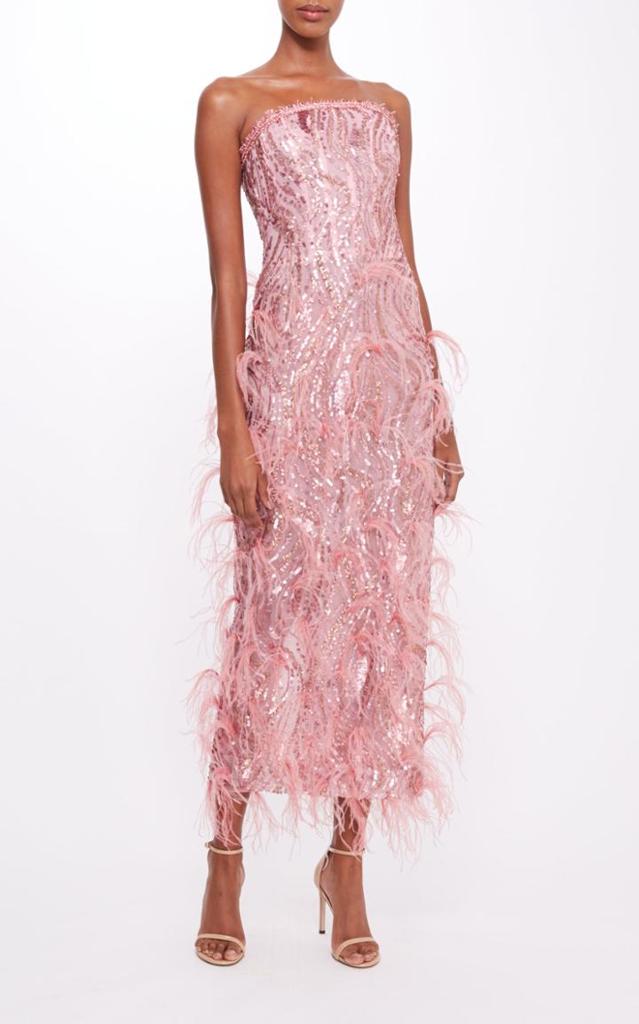 Moda Operandi Pamella Roland Swirling Sequin Strapless Tea Length Gown With Ostrich