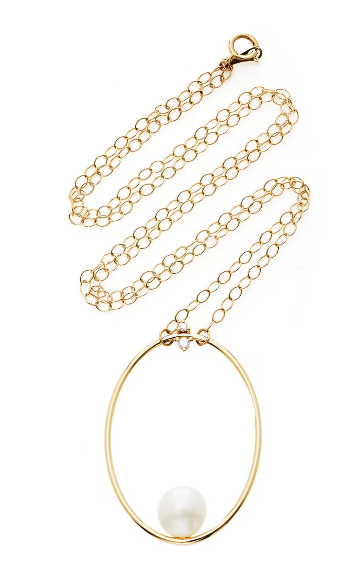 Moda Operandi Mizuki Large Pearl & Diamond Oval Pendant Necklace