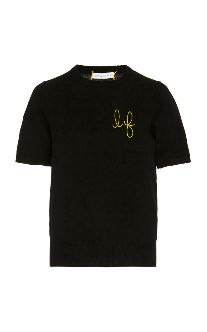 Moda Operandi Lingua Franca Monogrammed Short-sleeve Cashmere Sweater With Neon Yell