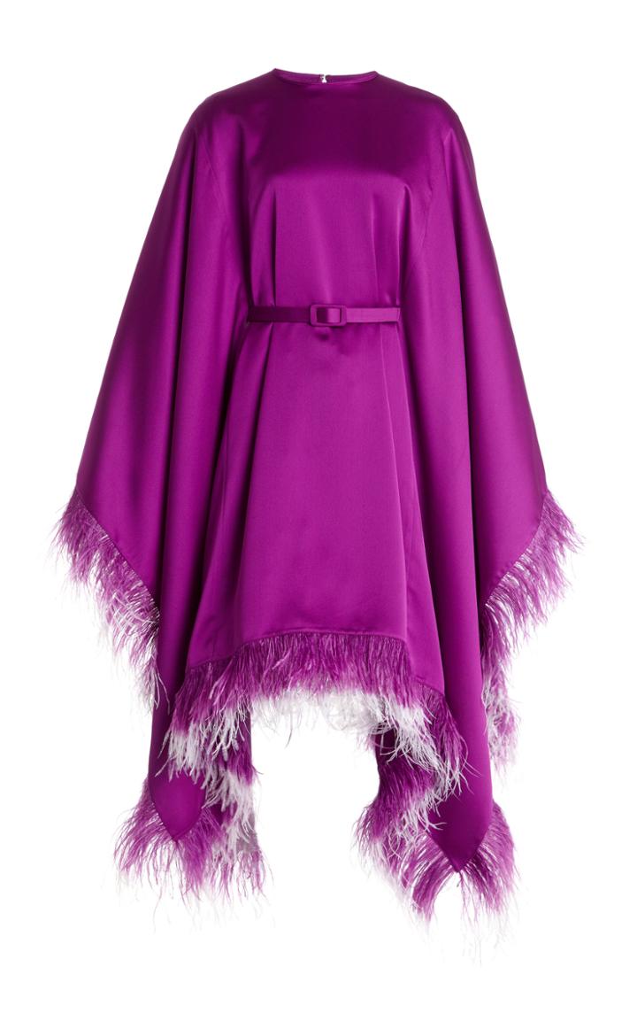 Moda Operandi Huishan Zhang Calista Feather-trimmed Satin Midi Cape Dress