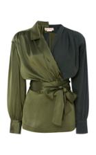 Marni Two-tone Belted Crepe De Chine Wrap Blouse