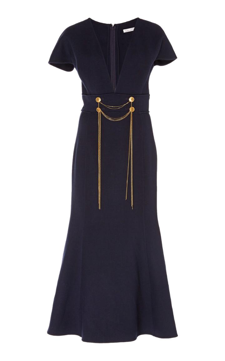 Oscar De La Renta Plunging Chain-embellished Wool Trumpet Dress