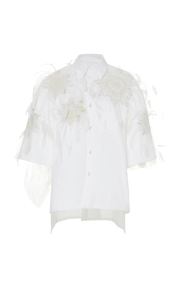 Moda Operandi Prabal Gurung Feather-embellished Cotton Tie-front Shirt Size: 00