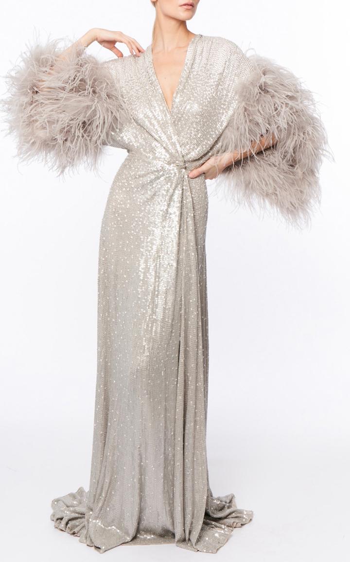 Moda Operandi Jenny Packham Camelot Feather-trimmed Sequined Gown