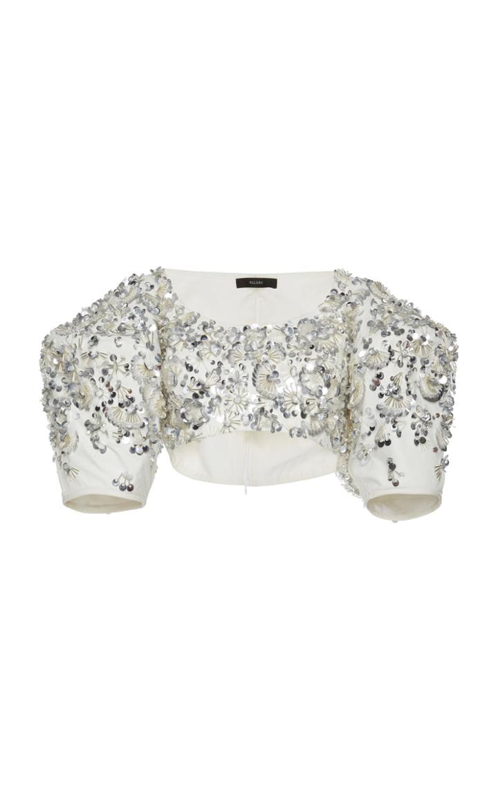 Ellery Embroidered Cotton Bubble-sleeve Crop Top