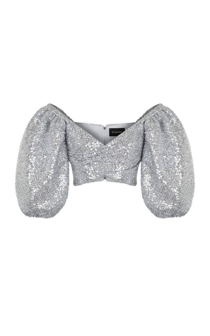 Rasario Silver Sequin Cropped Blouse