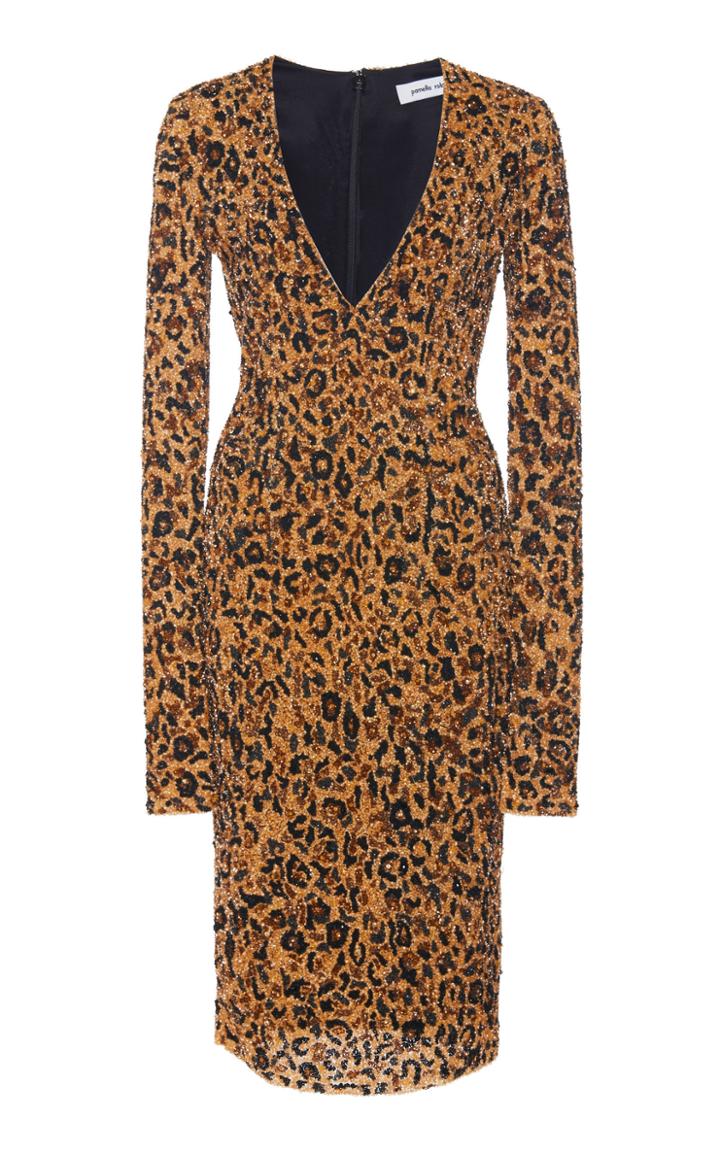 Pamella Roland Sequined V-neck Leopard Dress