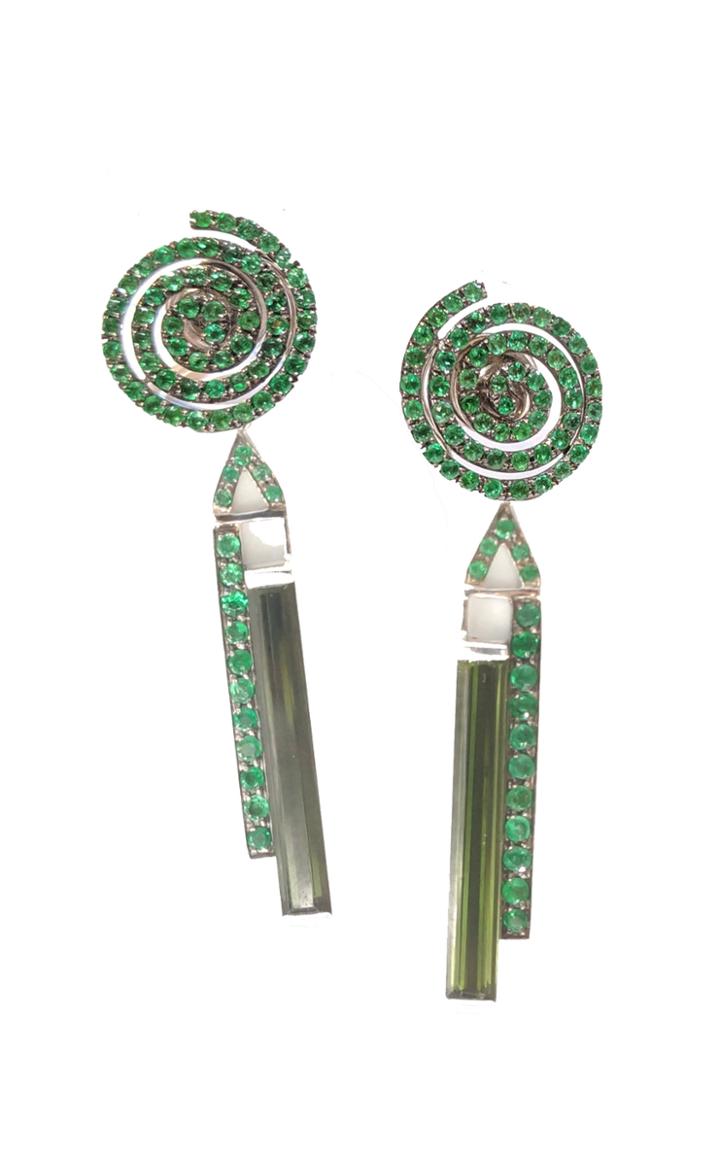 Moda Operandi Sharon Khazzam One Of A Kind Emerald Swirl Earrings With Green Tourmal