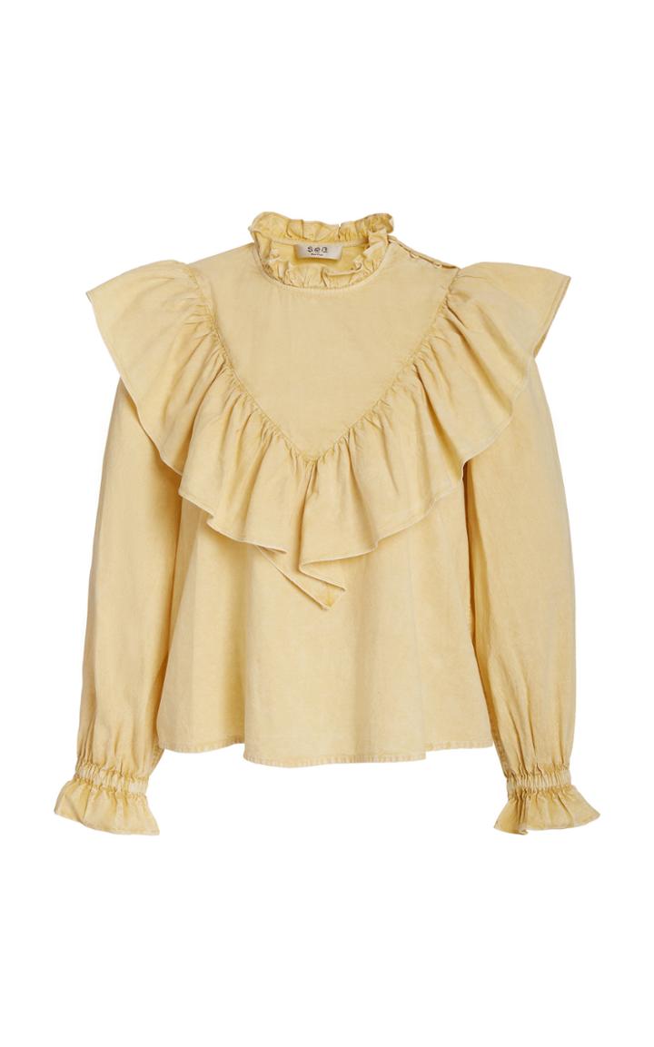 Sea Metta Acid Wash Long Sleeve Ruffle Top