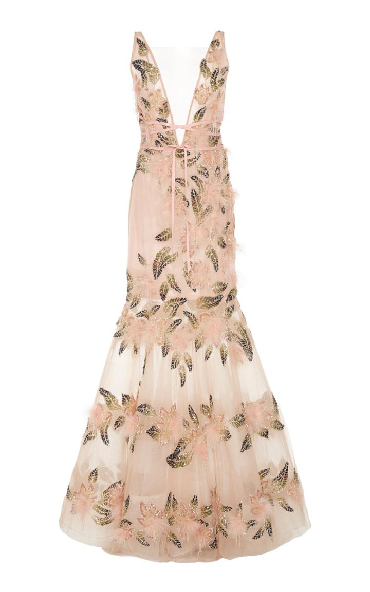 Marchesa Tulle Fit And Flare Gown With Plunging V-neckline