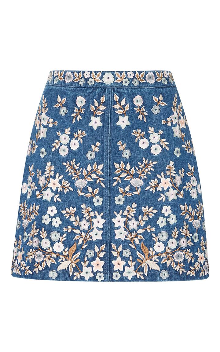 Needle & Thread Denim Embroidery High Waist Skirt