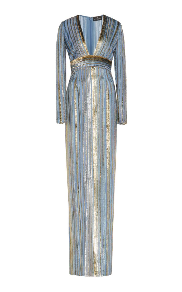 J. Mendel Long Sleeve V-neck Metallic Striped Gown