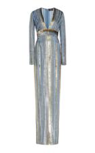 J. Mendel Long Sleeve V-neck Metallic Striped Gown