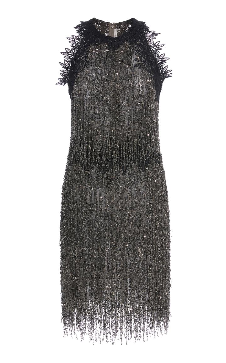 Naeem Khan Lace Trim Embellished Fringe Dress
