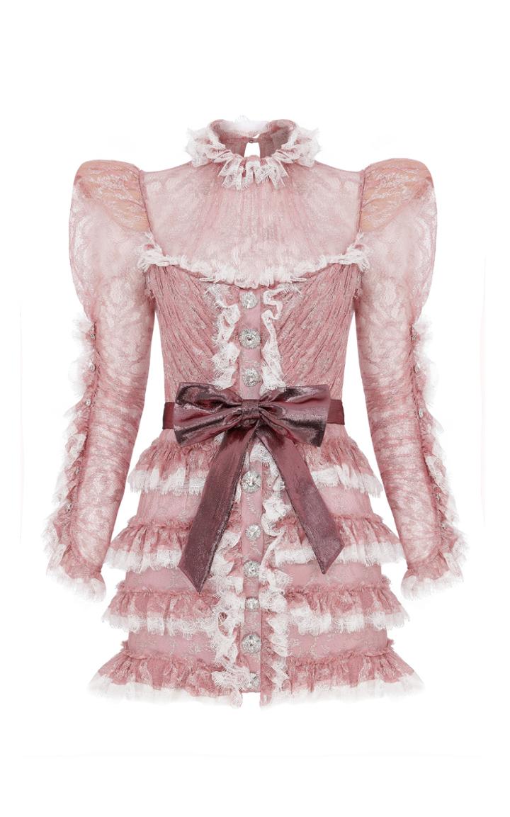 Moda Operandi Raisa Vanessa High Neck Ruffled Mini Dress With Ribbon Belt