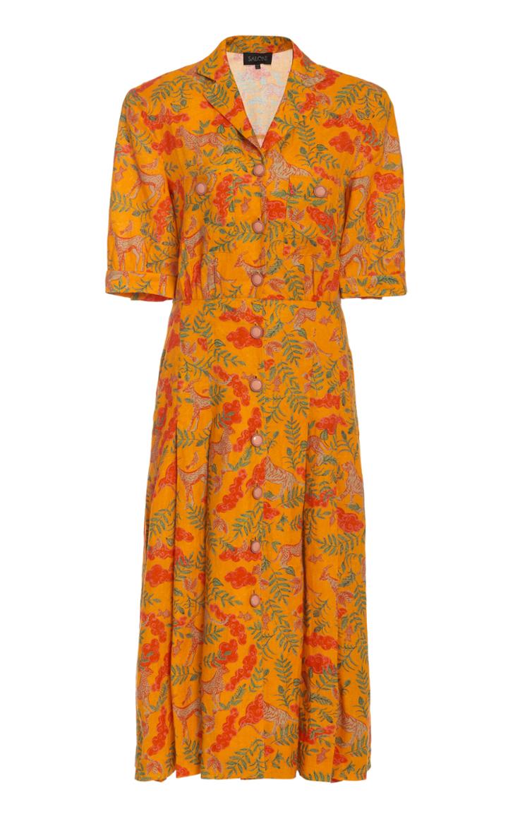 Saloni Eddie Button-embellished Printed Midi Dress