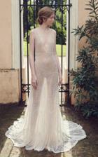 Costarellos Bridal Beaded Tulle Plunging V-neck Gown