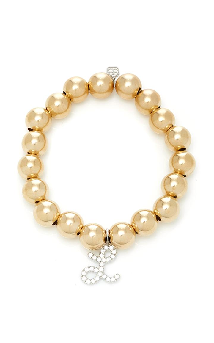 Sydney Evan Large Pave Script Initial On Gold Beaded Bracelet