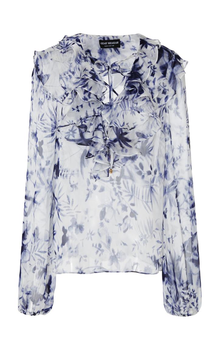 Oday Shakar Long Sleeve Ruffled Silk Blouse