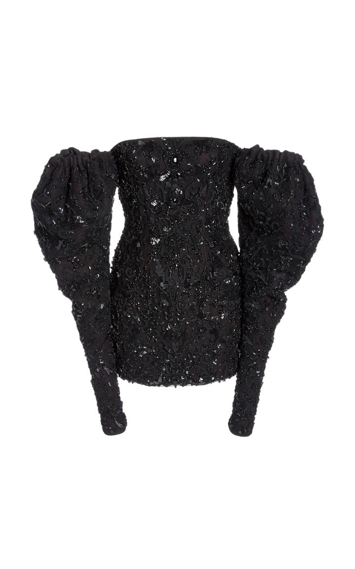 Moda Operandi Laquan Smith Off The Shoulder Beaded Puff Sleeve Dress