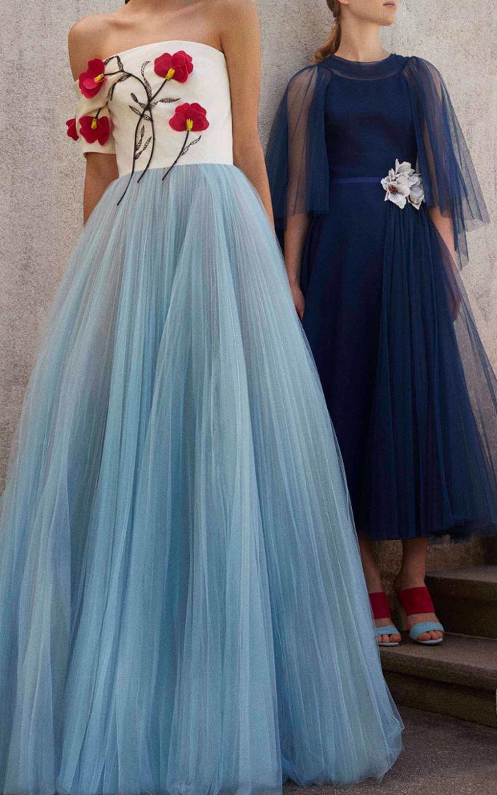 Carolina Herrera Embroidered Tulle Pleated Dress