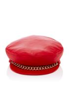 Eugenia Kim Marina Gold Chain-trimmed Red Leather Cap