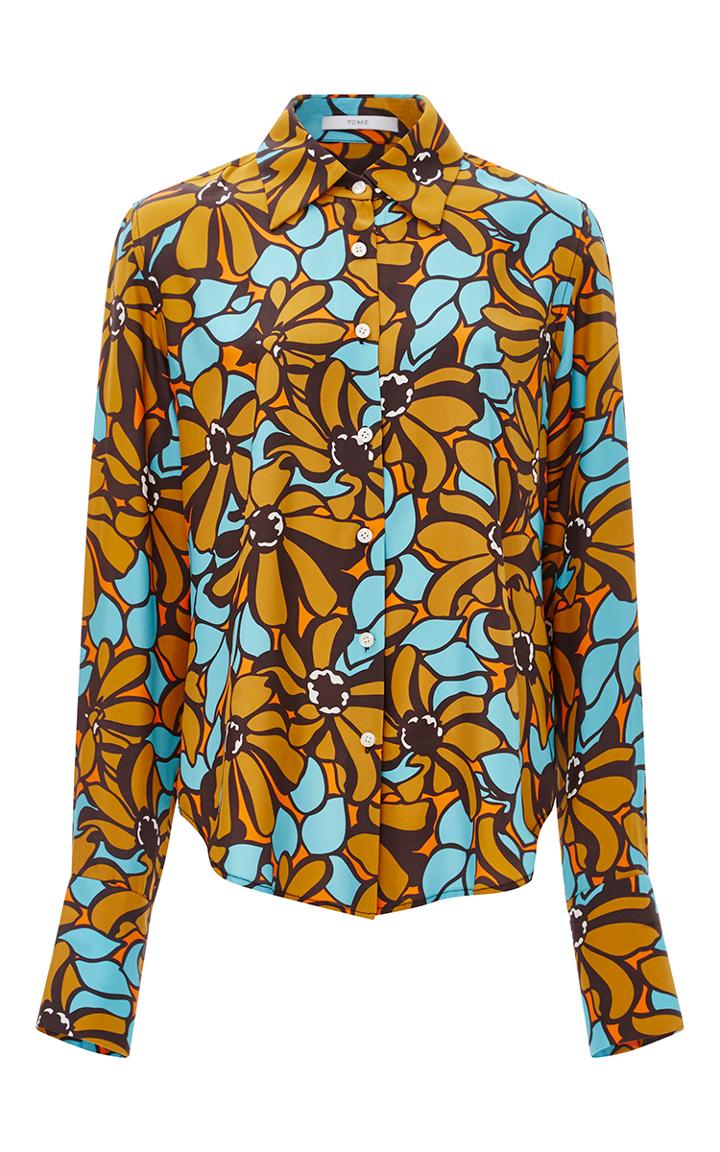 Tome Mustard Floral Print Classic Wide Cuff Shirt
