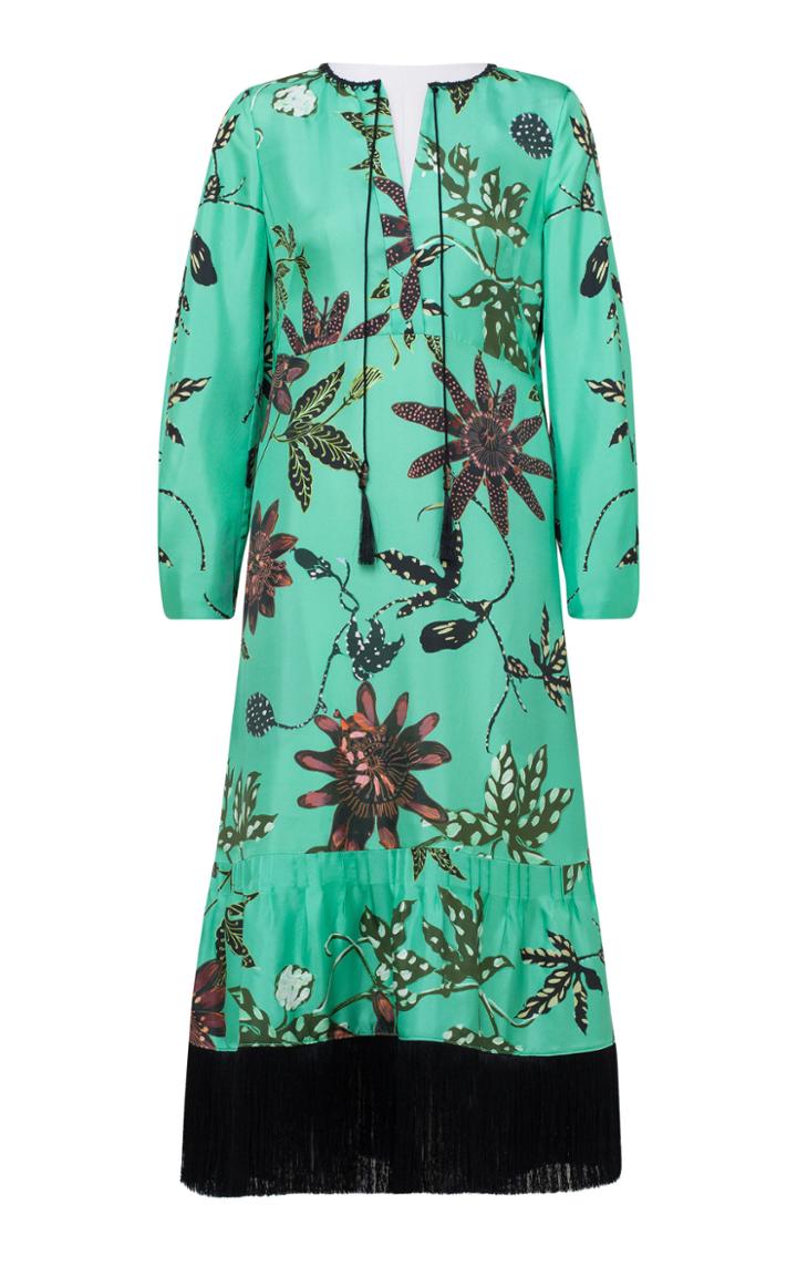 Moda Operandi Dorothee Schumacher Powerful Flora Fringed Silk Midi Dress Size: 1