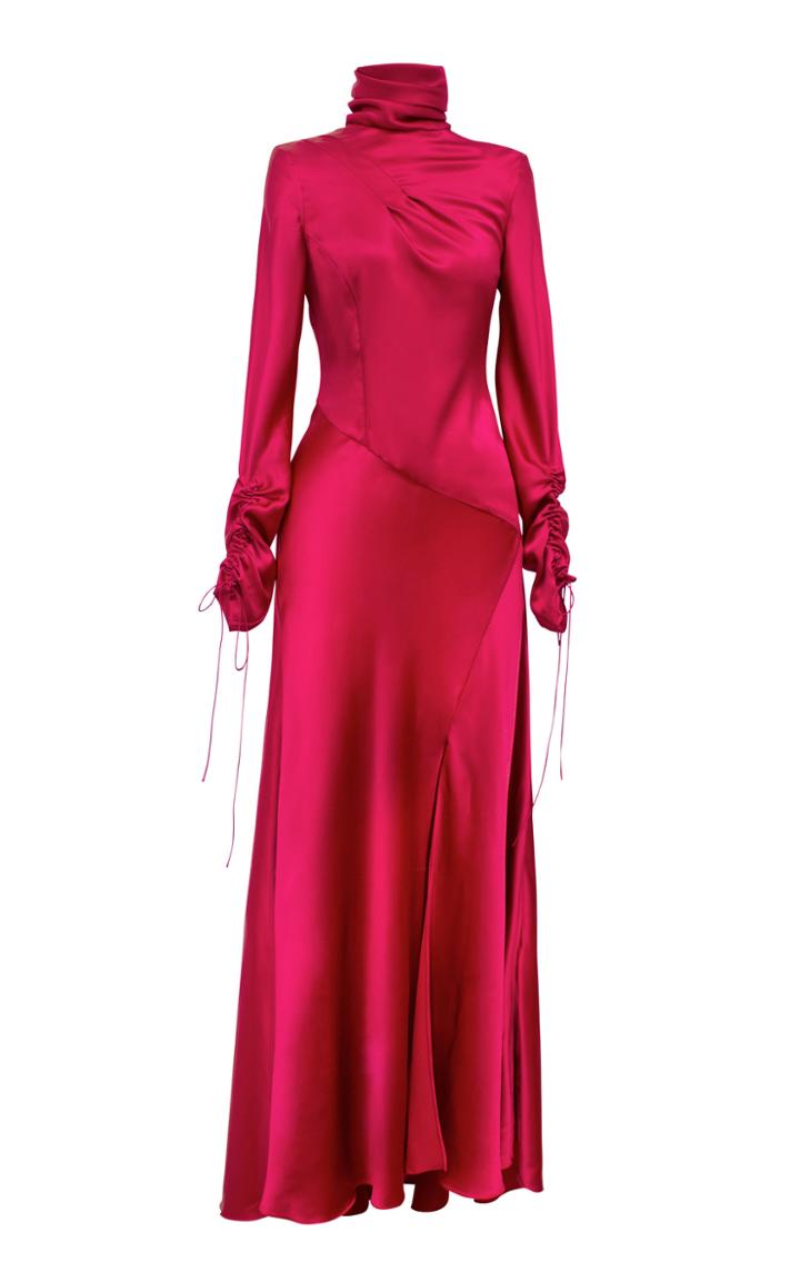 Alejandra Alonso Rojas Flared Long Sleeve Silk Turtleneck Dress