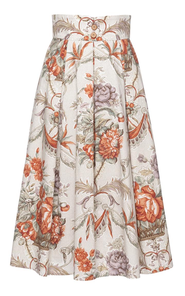 Moda Operandi Lena Hoschek Belvdre Pleated Floral Cotton Midi Skirt