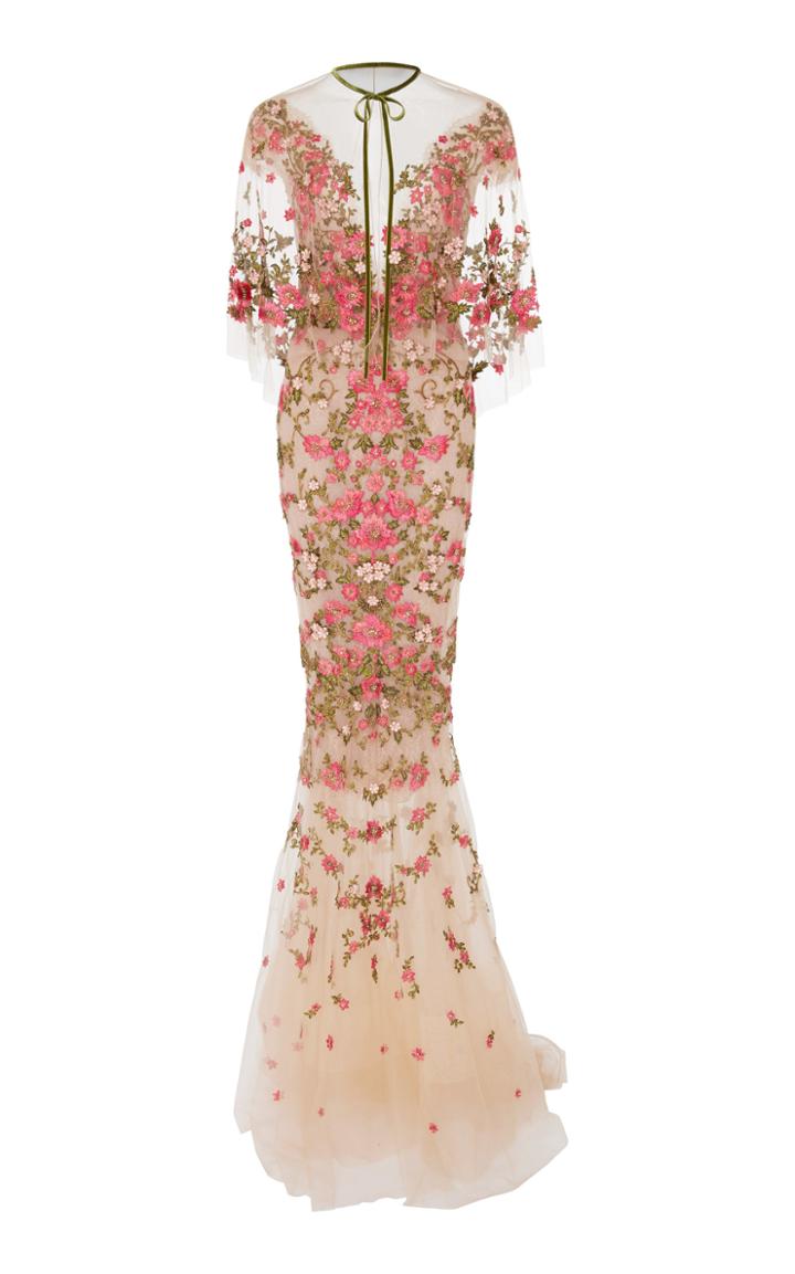 Marchesa Floral Embroidered Dress With Capelet