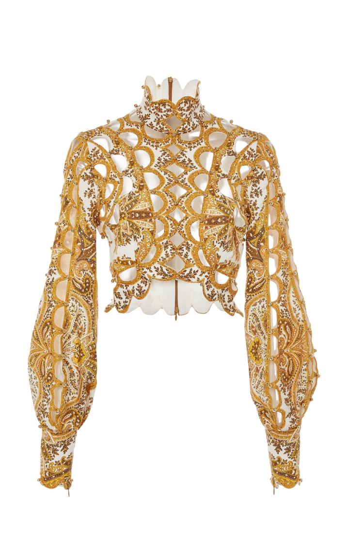 Zimmermann Zippy Golden Scallop Cropped Linen Top