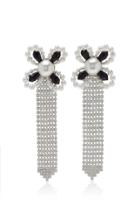 Alessandra Rich Black And White Pearl Flower Earrings With Long Crystal Arrow