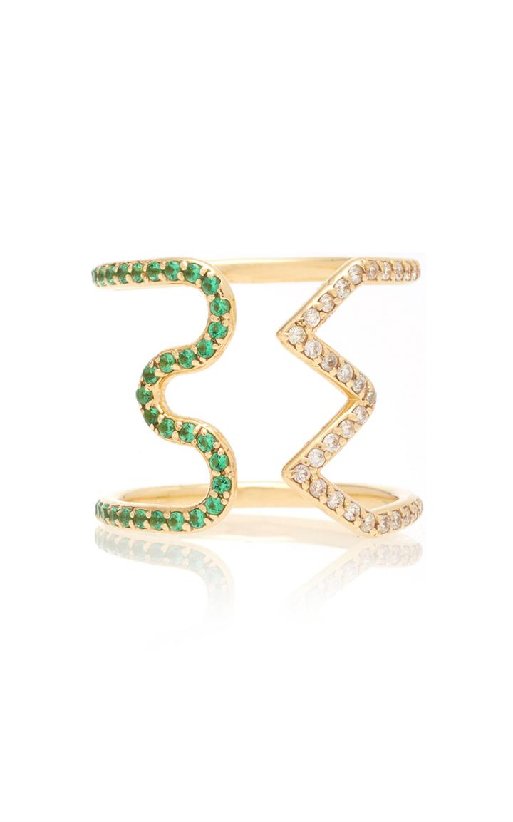 Sabine Getty Yellow Gold 50:50 Wave Zig Zag Ring With Diamonds And Tsavorite