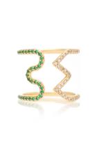Sabine Getty Yellow Gold 50:50 Wave Zig Zag Ring With Diamonds And Tsavorite