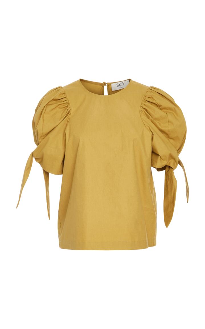 Sea Puff Sleeve Tie Top