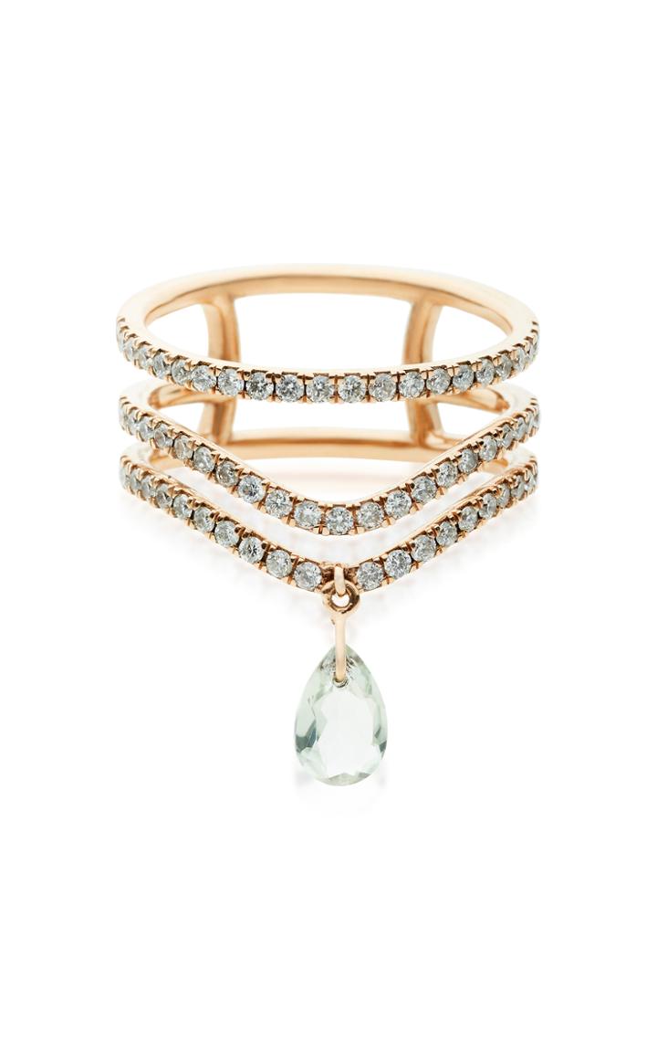 Diane Kordas Triple Diamond Curved Band Ring With Green Prasiolite Drop