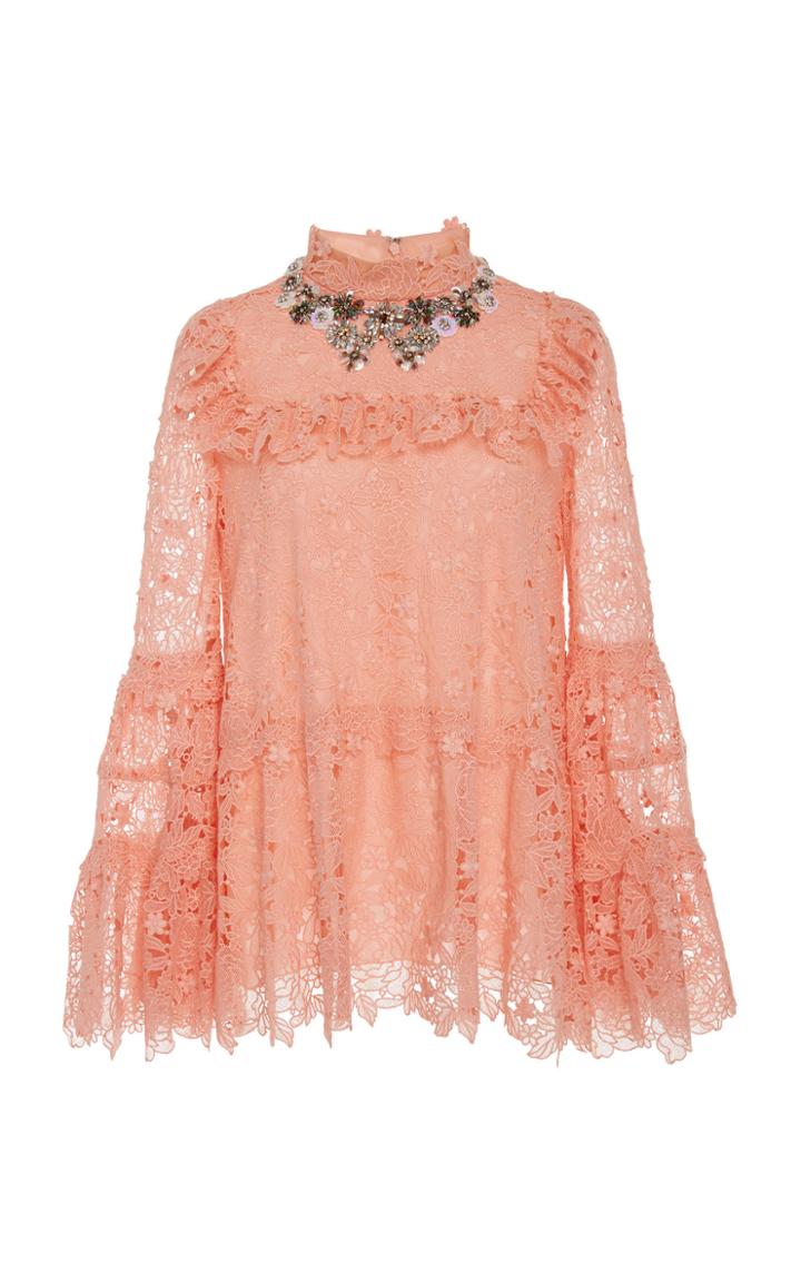Giambattista Valli Jewel Ruffled Macrame Blouse